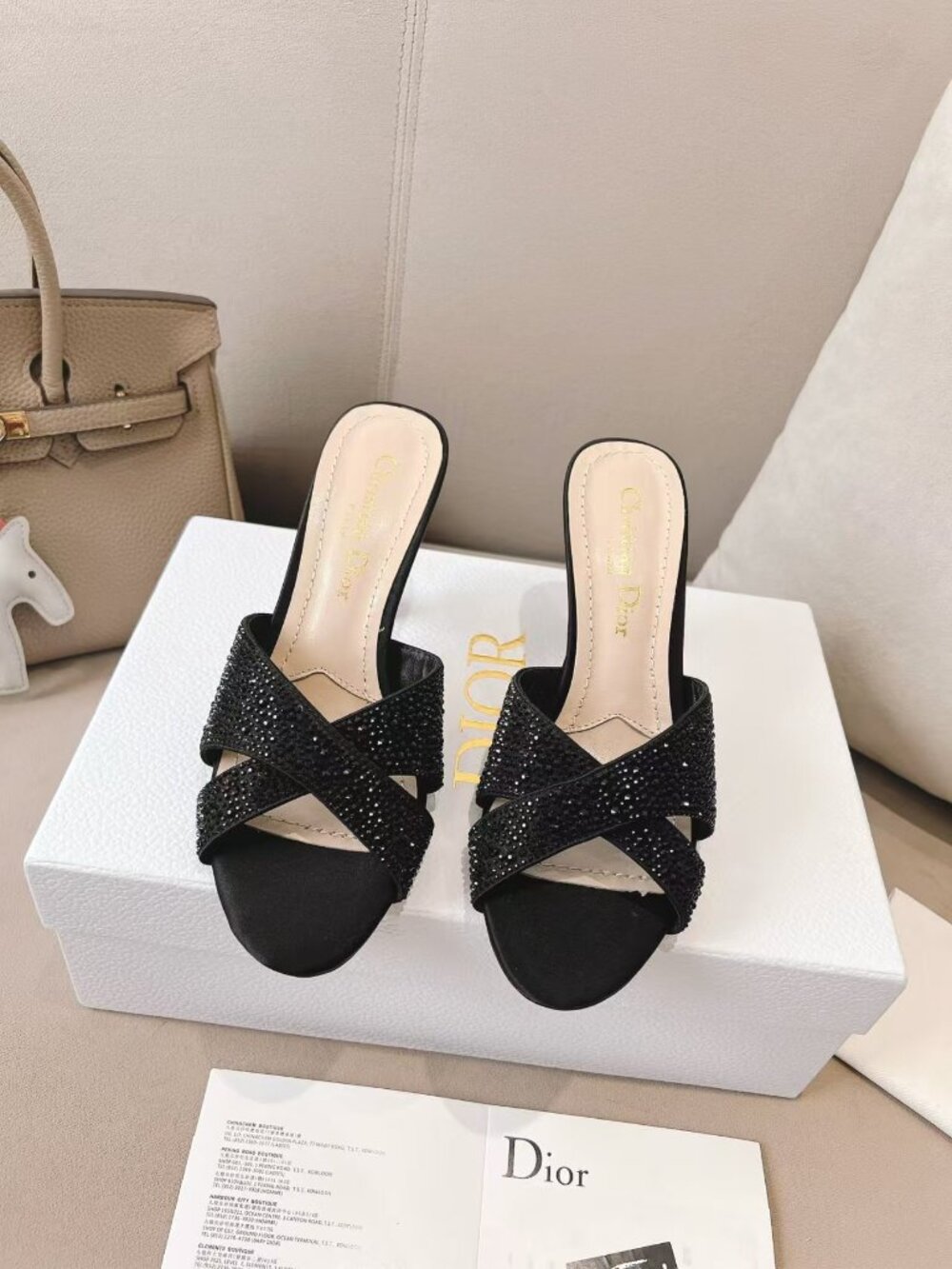 Dior Black Crystal Crisscross Mule Heels Open Toe Slip On Sandals